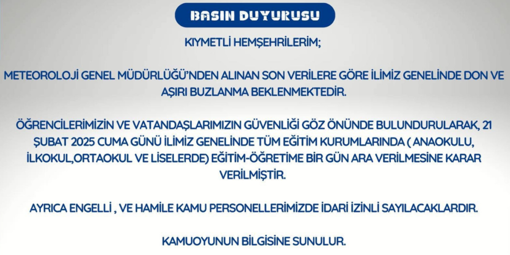 Malatya’da Eğitime 1 Gün Ara Verildi