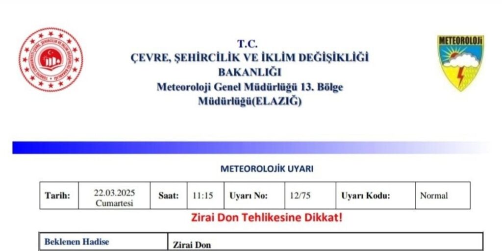 Meteoroloji Genel Müdürlüğü’nden Zirai Don Uyarısı!