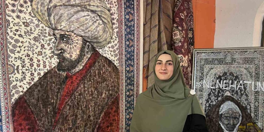 Halıların üzerine tarihi şahsiyetleri çiziyor