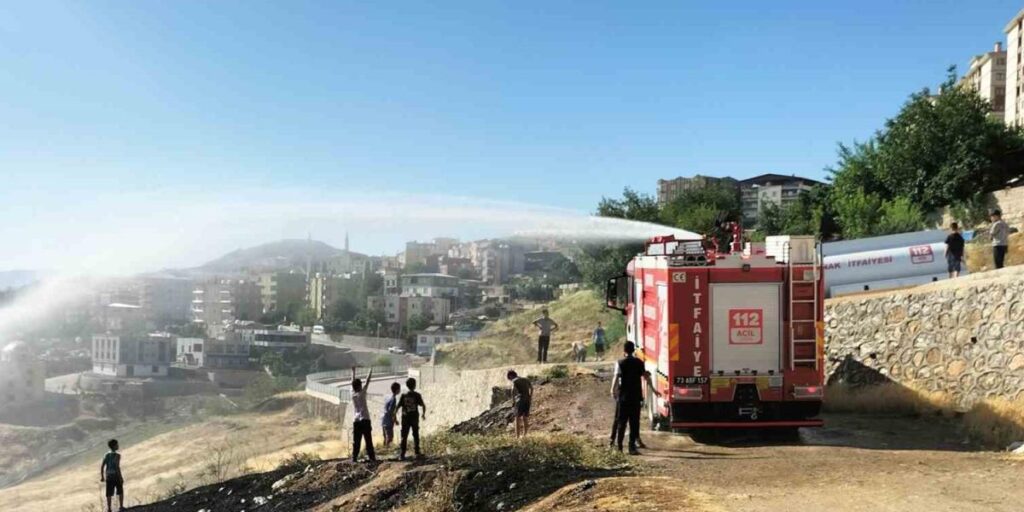 İtfaiyeciler yangın söndürme derdinde, çocuklar serinlemenin keyfinde