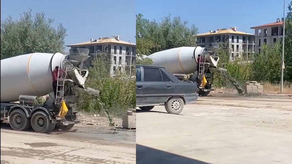 Beton mikserinin atıklarını caddeye boşaltmasına tepki