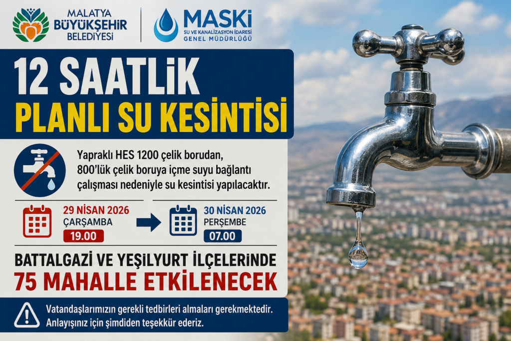 Malatya’da 12 Saatlik Planlı Su Kesintisi: 75 Mahalle Etkilenecek